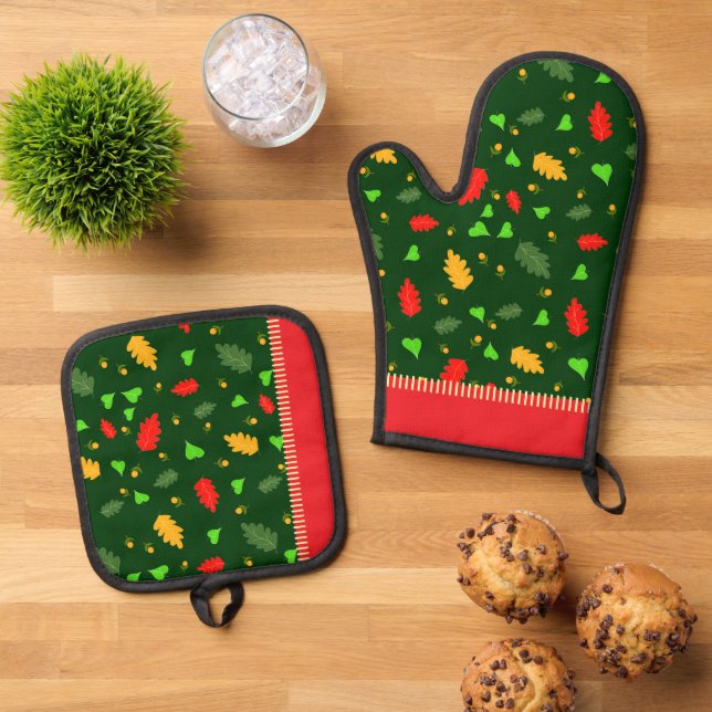 Leaves pattern oven mitt & pot holder set (Top Down)