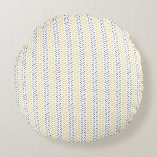 Leaves Pattern Yellow & Grey Round Pillow (Front)