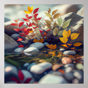 Leaves Pebbles Calm Tranquil Nature Peaceful River Poster