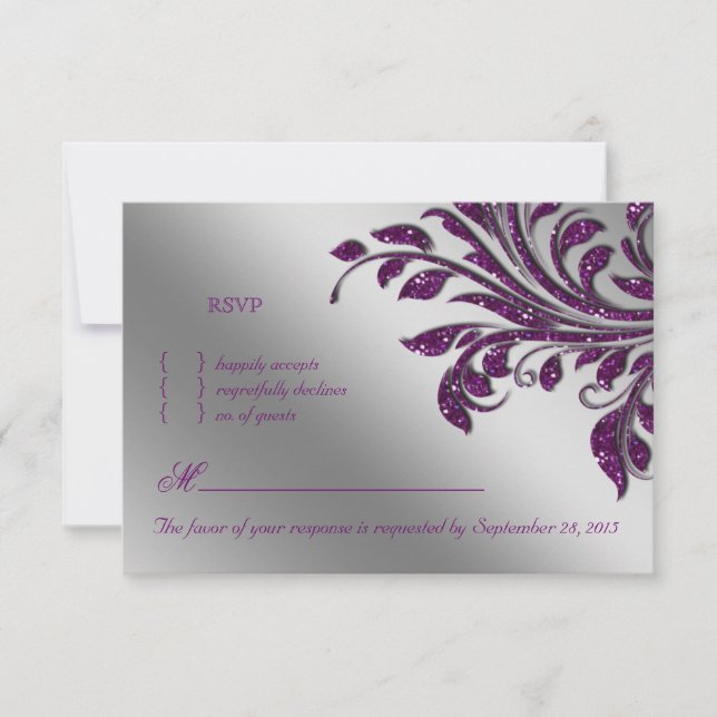 Leaves RSVP Wedding Reply Card Purple Sparkle (Front)