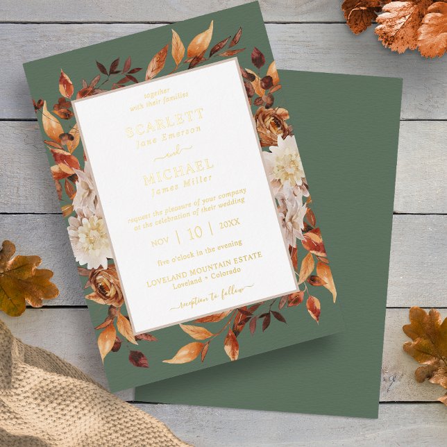Leaves Rustic Wedding (Autumn Leaves Rustic Sage Green Wedding Foil Invitation by Painted Paperie
)