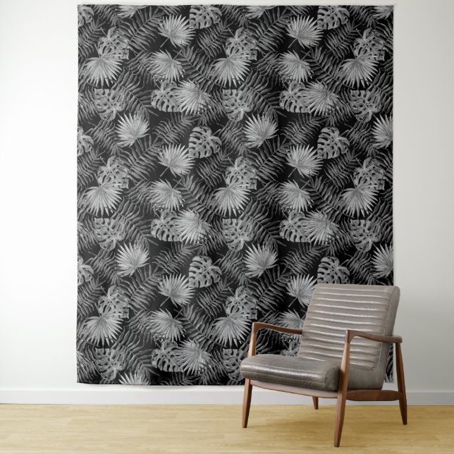 LEAVES SEAMLESS PATTERN BLACK AND WHITE  TAPESTRY (In Situ)