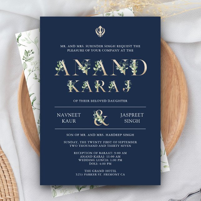 Leaves Typography Blue Anand Karaj Sikh Wedding Invitation (Creator Uploaded)