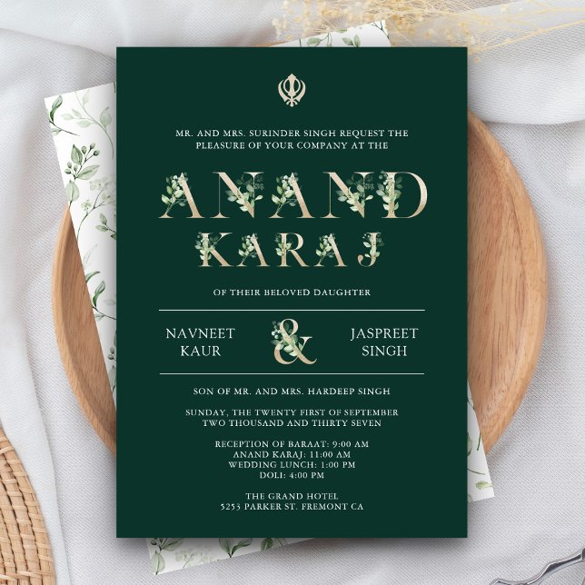 Leaves Typography Green Anand Karaj Sikh Wedding Invitation (Creator Uploaded)