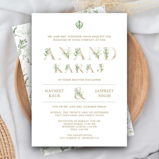 Leaves Typography White Anand Karaj Sikh Wedding Invitation (Creator Uploaded)