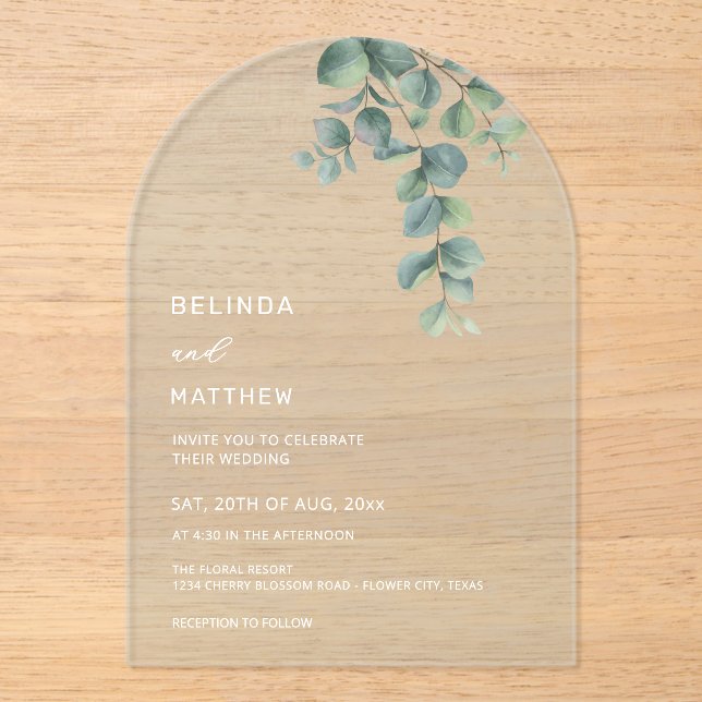 Leaves Watercolor Flowers Clear Arch Acrylic Invitations (Front)