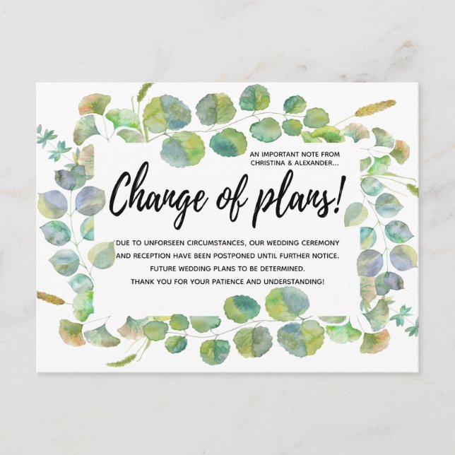 Leaves Wedding Change of Plans Postponed Cancelled Postcard (Front)