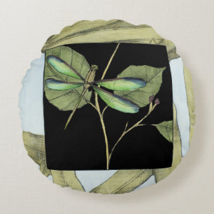 Leaves with Dragonfly Inset by Jennifer Goldberger Round Cushion