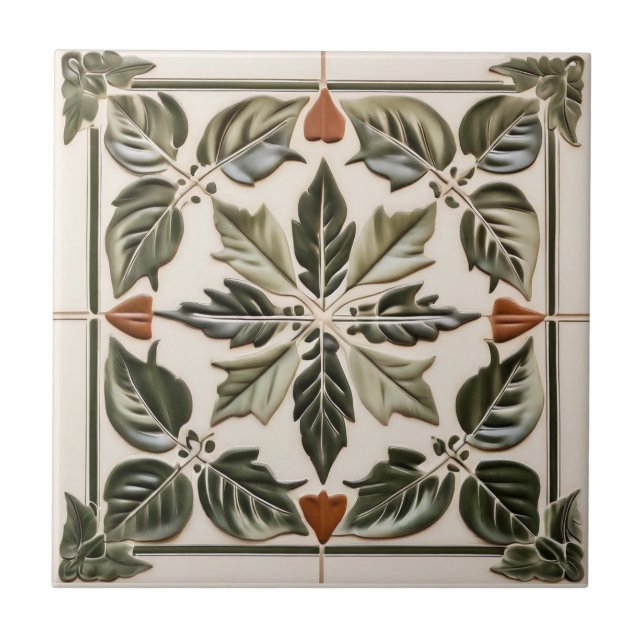 Leaves with Terracotta & Ivory Colours Tuscan Styl Tile (Front)