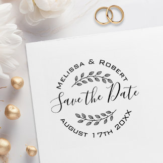 Leaves Wreath Modern Wedding Save the Date 2 Rubber Stamp