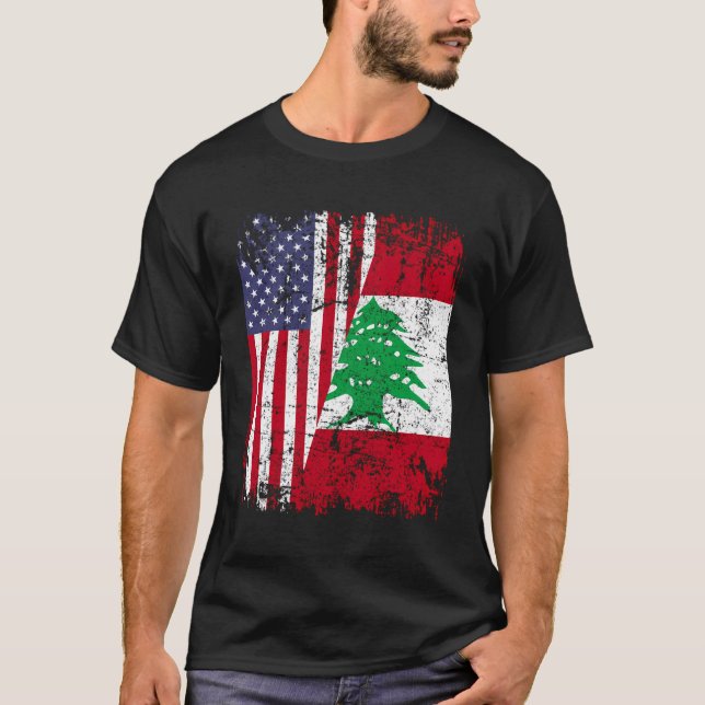 Lebanese Roots Half American Flag Lebanon T-Shirt (Front)