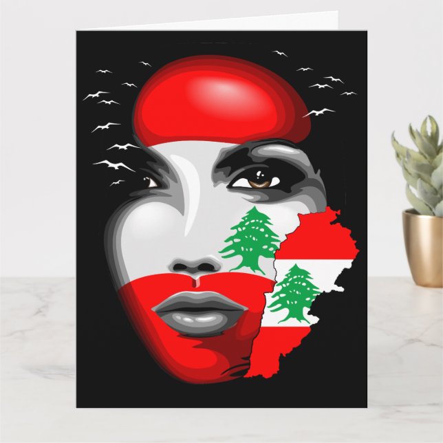 Lebanon Flag and Map on girl's face Card (Small Plant)