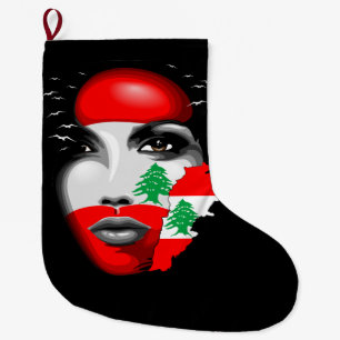 Lebanon Flag and Map on girl's face Large Christmas Stocking