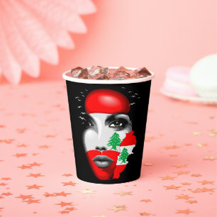 Lebanon Flag and Map on girl's face Paper Cups
