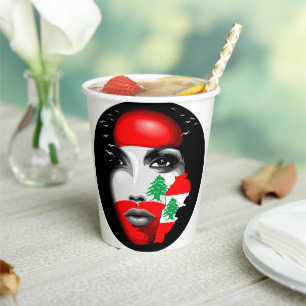 Lebanon Flag and Map on girl's face Paper Cups