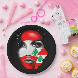 Lebanon Flag and Map on girl's face Paper Plate