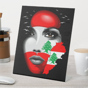 Lebanon Flag and Map on girl's face Pedestal Sign