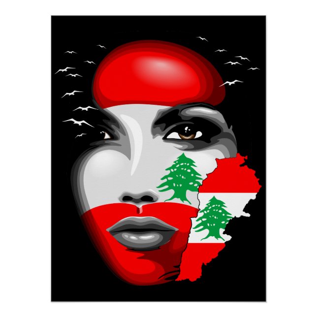 Lebanon Flag and Map on girl's face Poster (Front)