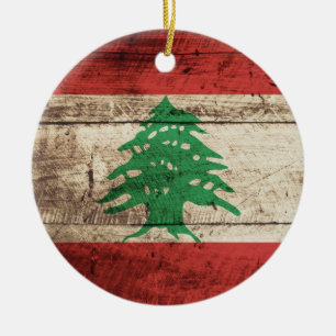 Lebanon Flag on Old Wood Grain Ceramic Tree Decoration