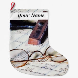 Ledger With Eyeglasses and Rubber Stamp Large Christmas Stocking