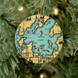 Leech Lake Minnesota Map Ceramic Tree Decoration