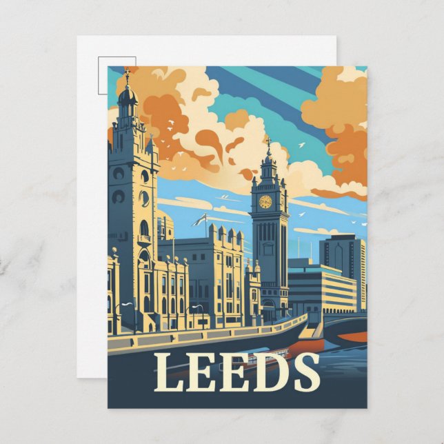 Leeds England Vintage Retro Travel Illustration Postcard (Front/Back)