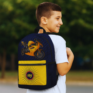 Left-Handed Yellow Motorcycle Monogram School Boys Printed Backpack