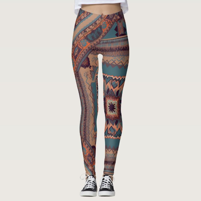 "Left Knee Patch" sarong style southwest pattern Leggings (Front)