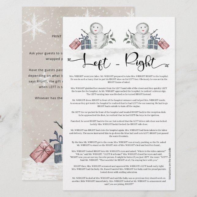 Left Right Snowman Baby Shower  (Front/Back)
