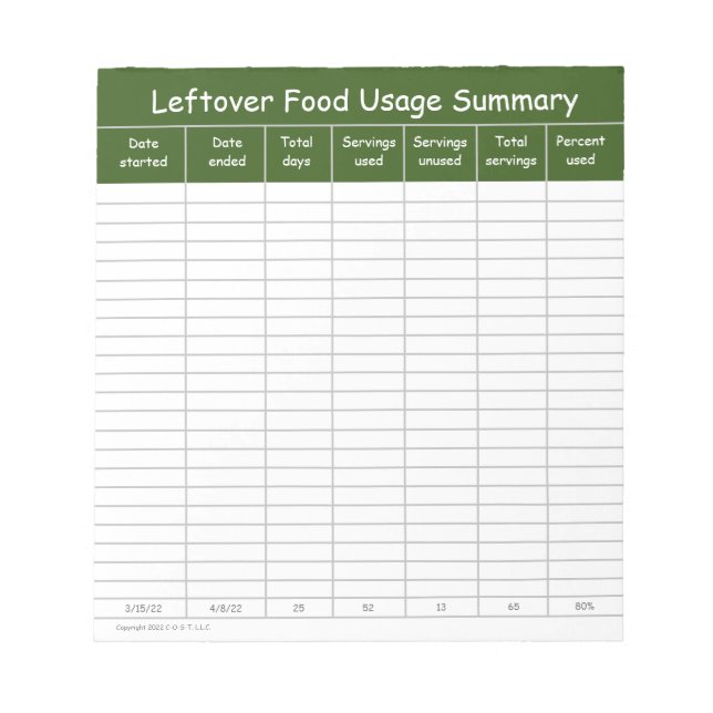 Leftover Food Usage Summary Notepad (Front)