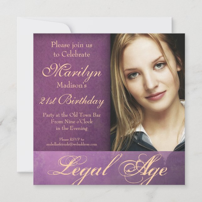 Legal Age 21st Birthday Elegant Purple Grunge Invitation (Front)