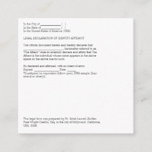 Legal Declaration of Identification Affidavit Enclosure Card