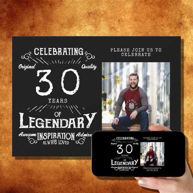 Legend 30th Birthday Photo Black Vintage Invitation (Creator Uploaded)
