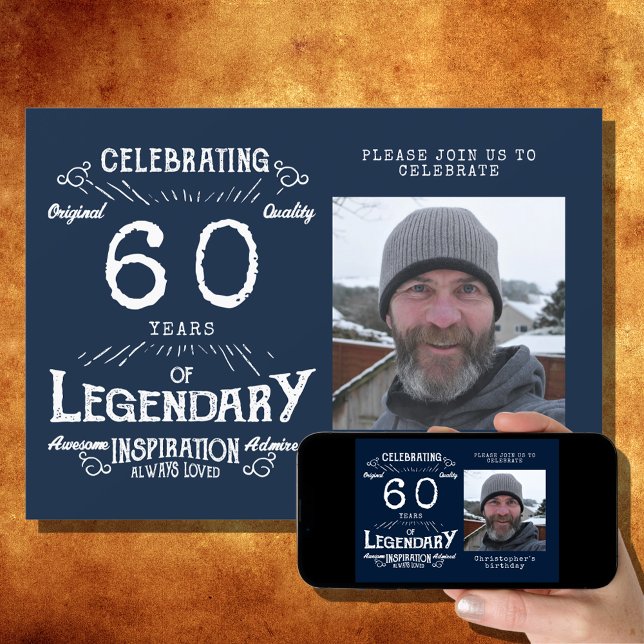Legend 60th Birthday Photo Blue Vintage Invitation (Creator Uploaded)