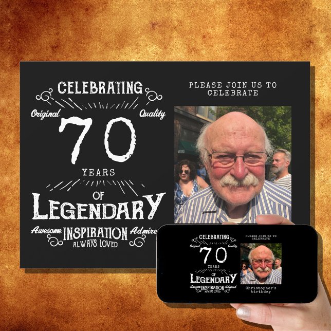 Legend 70th Birthday Photo Black Vintage Invitation (Creator Uploaded)
