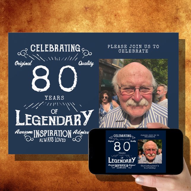 Legend 80th Birthday Photo Blue Vintage Invitation (Creator Uploaded)