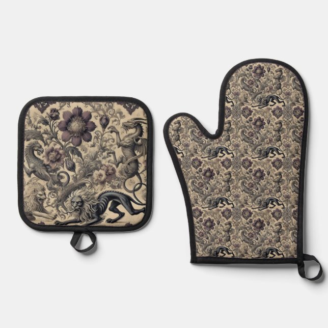 Legend of the Gilded Guardians — Gothic Victorian Oven Mitt & Pot Holder Set (Front)