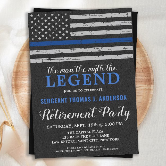 Legend Police Retirement Party Thin Blue Line Flag Invitation (Creator Uploaded)