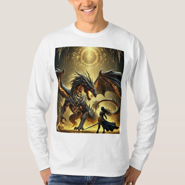 Legendary Clash: Molten Gold Dragon & Warrior T-Shirt (Front)