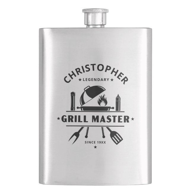 Legendary Grill Master BBQ Black Personalised Name Hip Flask (Front)