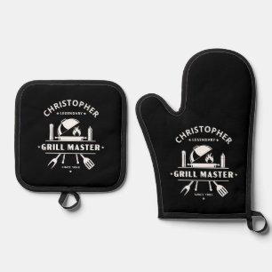 Legendary Grill Master Black & White BBQ Oven Mitt & Pot Holder Set