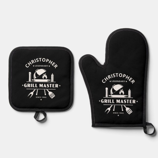 Legendary Grill Master Black & White BBQ  Oven Mitt & Pot Holder Set (Front)