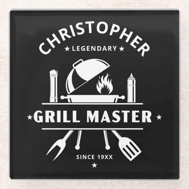 Legendary Grill Master | Custom Name Black & White Glass Coaster (Front)
