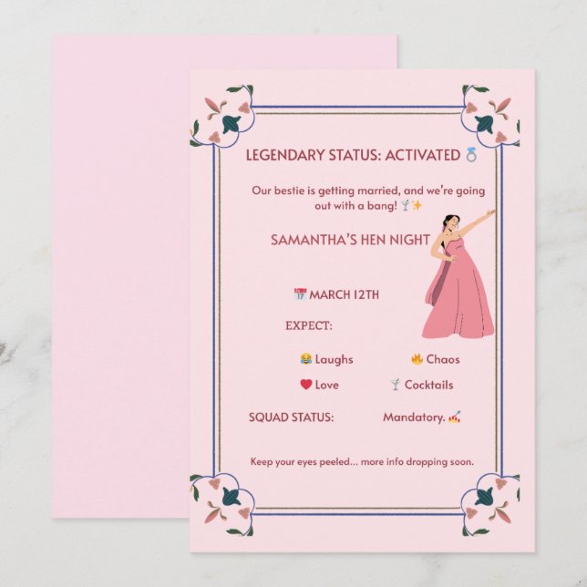 Legendary Hen Night Invitation – Fun Pink Floral D (Front/Back)