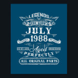 Legends Were Born In July 1988 34th Birthday 34 Poster<br><div class="desc">Legends Were Born In July 1988 34th Birthday 34 Year Old Gift. Perfect gift for your dad,  mom,  papa,  men,  women,  friend and family members on Thanksgiving Day,  Christmas Day,  Mothers Day,  Fathers Day,  4th of July,  1776 Independent day,  Veterans Day,  Halloween Day,  Patrick's Day</div>