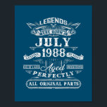 Legends Were Born In July 1988 34th Birthday 34 Poster<br><div class="desc">Legends Were Born In July 1988 34th Birthday 34 Year Old Gift. Perfect gift for your dad,  mom,  papa,  men,  women,  friend and family members on Thanksgiving Day,  Christmas Day,  Mothers Day,  Fathers Day,  4th of July,  1776 Independent day,  Veterans Day,  Halloween Day,  Patrick's Day</div>