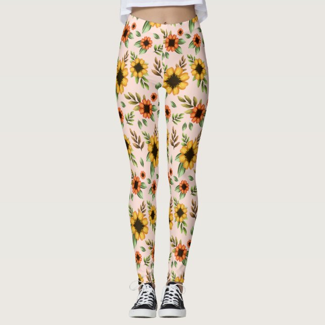 Leggings adorned with a vibrant sunflower pattern (Front)