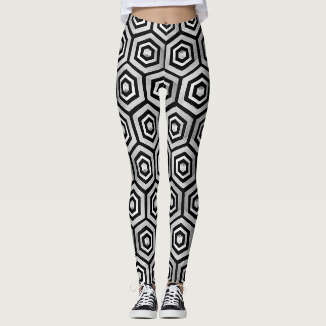 Leggings Black White Hexagon Geometric Pattern (Front)