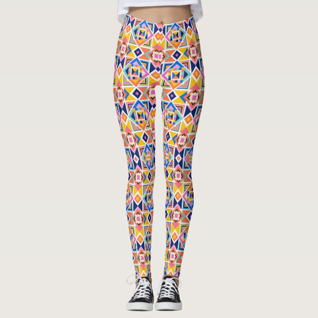 Leggings featuring a vibrant geometric pattern (Front)