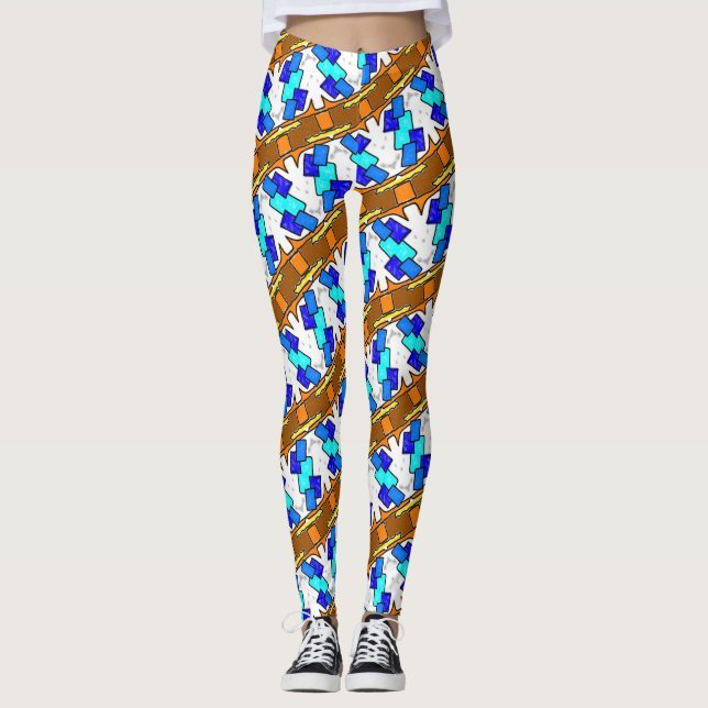 Leggings Jimette Blue and brown design on white (Front)